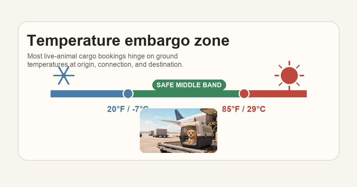 Stylised thermometer split between a hot zone (85°F+, sun icon) and a cold zone (20°F-, snowflake icon), with a CR-1 pet crate icon resting in the safe middle band. Pawvisa accent colours throughout.