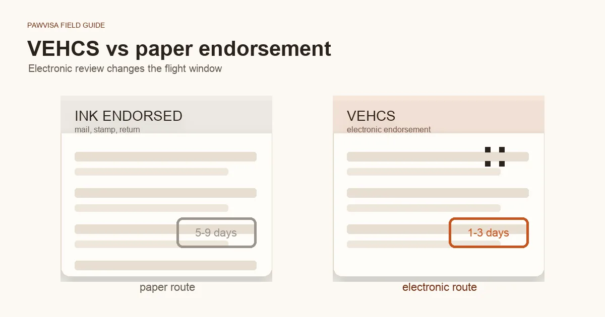 Two stylised certificates side by side. Left: ink version with stamps and mail icons, labelled '5-9 days'. Right: VEHCS version with QR code and digital screen cues, labelled '1-3 days'. Pawvisa accent stamps across the right side.