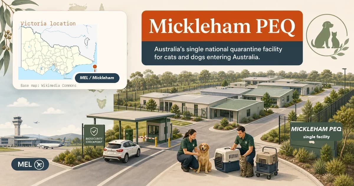 An aerial-style illustration of Mickleham Post-Entry Quarantine facility north of Melbourne, with arrival lanes for pets and an emphasis on the single-facility geography of Australian pet biosecurity.