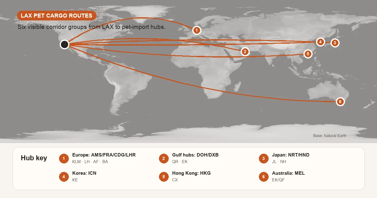 LAX at the centre of a route-map illustration with spokes radiating to global hubs (AMS, FRA, CDG, LHR, DOH, DXB, NRT, ICN, HKG, MEL). Each spoke labelled with the operating cargo airline. Pawvisa accent on the spokes.