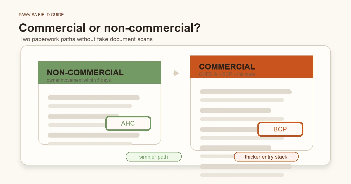 Two paperwork stacks side by side — left labelled 'non-commercial' with a single EU AHC cert, right labelled 'commercial' with a thicker stack including a CHED-A entry document and additional forms. Pawvisa accent stamp across the right pile.