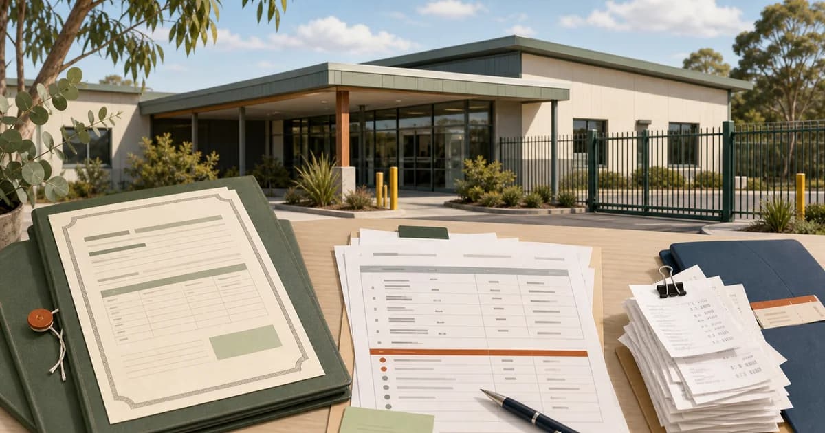 A generic quarantine-facility exterior with permit paperwork, fee schedule sheets, receipts, and a pen on a desk — illustrating that Australia has the most published-fee transparency of any major pet-import destination.