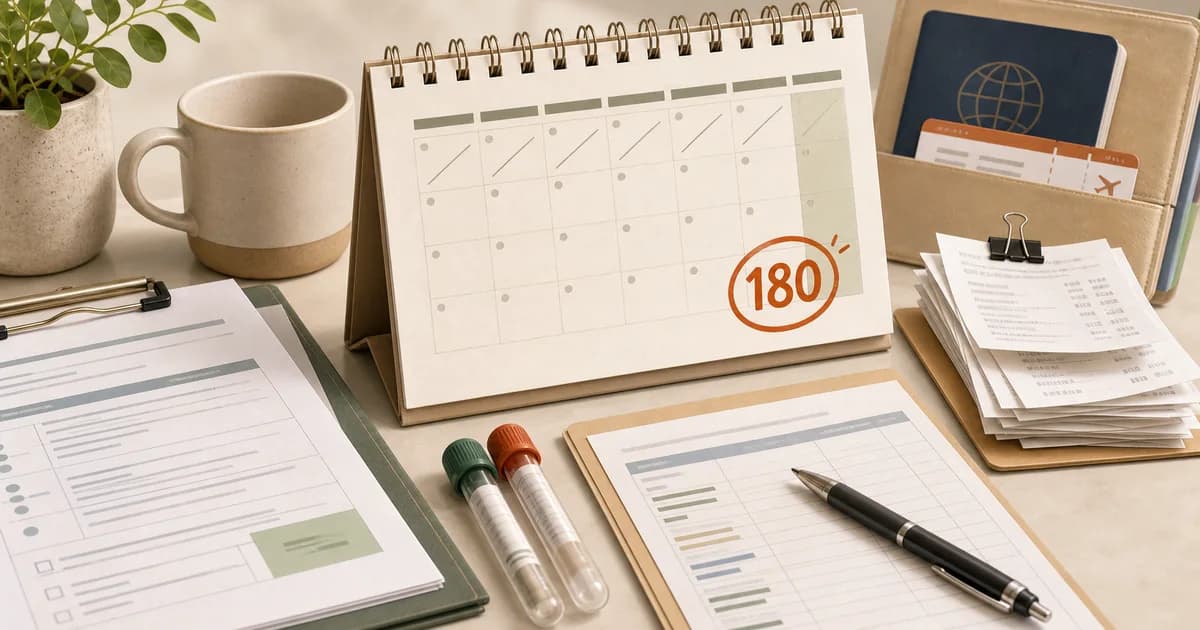 A 180-day calendar countdown next to veterinary lab paperwork, sample tubes, receipts, and travel documents — illustrating the line items and waiting period that drive the cost of a US-to-Japan pet move.