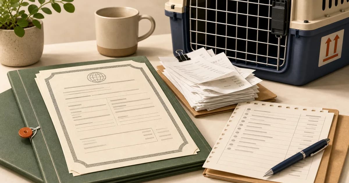 A health certificate folder, an airline cargo crate visible behind it, receipts, and a cost worksheet on the desk — illustrating the line-item costs of a US-to-UK pet move.