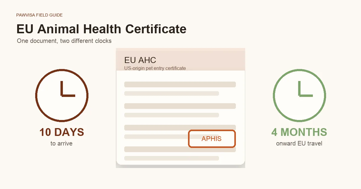 Stylised EU Animal Health Certificate document at the centre, flanked by two clock motifs — one labelled '10 days to arrive' and one labelled '4 months onward EU travel'. Pawvisa accent stamps overlay the document.