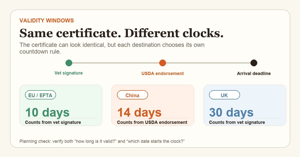 A USDA-endorsed health certificate photographed next to a calendar marked with different highlighted countdown periods (10 days, 14 days, 30 days) — illustrating that different destination countries give different validity windows for the same kind of document.