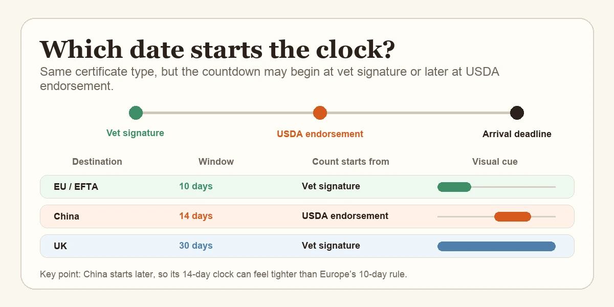 Horizontal timeline diagram showing the sequence of vet signature → USDA endorsement → arrival window, with different destinations marked at different points (EU 10d from vet sig, China 14d from USDA endorsement, UK 30d from vet sig).