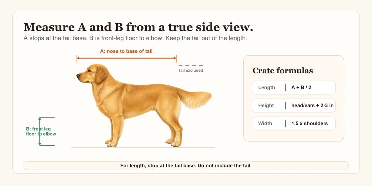 Diagram showing how to measure a dog for crate sizing: nose-to-tail length (A), leg length floor-to-elbow (B), standing height to top of ears/head, and shoulder width. With formulas overlaid: interior length = A + B/2, interior height = head height + 2-3 inches, interior width = 1.5x shoulder width.