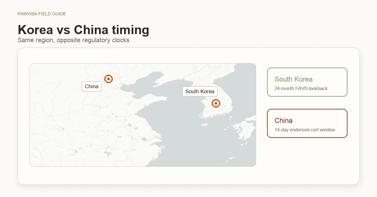 Side-by-side East Asia map split between Korea and China. A long 24-month clock symbol is overlaid on Korea; a tight 14-day clock symbol is overlaid on China. Pawvisa accent colours throughout.