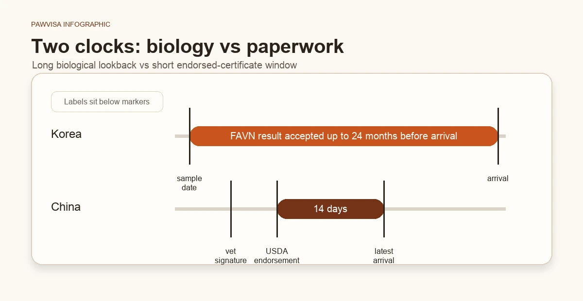 Twin-timeline diagram. Top timeline shows Korea's 24-month FAVN lookback as a long horizontal bar in Pawvisa accent. Bottom timeline shows China's 14-day window starting at the USDA endorsement marker — a tight bar with the start point highlighted.