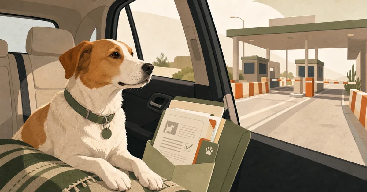 A dog in the back of a car approaching a calm US-Mexico land-border checkpoint, with pet paperwork in a folder beside the dog.
