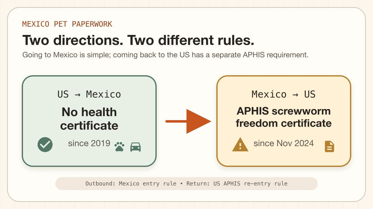A simple diagram contrasting the easy US→Mexico entry (no certificate) with the new US-return paperwork requirement (APHIS screwworm freedom certification) as of November 2024.