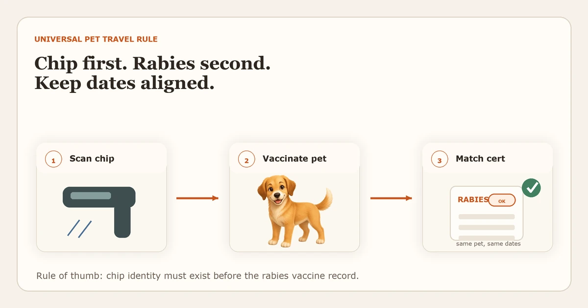 A vet's hand scanning a dog's neck with a microchip reader, with a rabies vaccine vial visible on the table next to a clipboard showing dates.