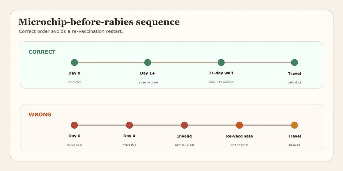 Side-by-side timeline diagram contrasting the correct sequence (microchip → rabies vaccine → immunity wait → travel) with the wrong sequence (rabies vaccine pre-chip → invalid; vaccine must be re-done after chipping → restart the immunity wait).
