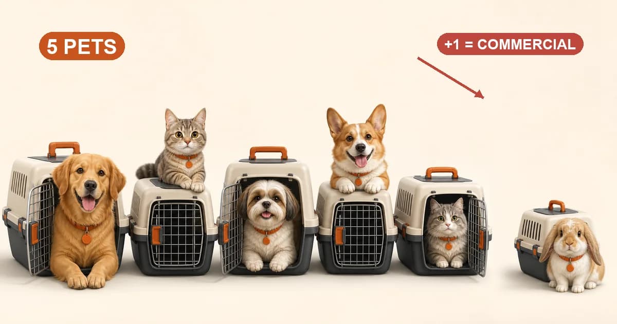 Illustration of five pets (mix of cats and dogs) lined up with the number '5' highlighted in Pawvisa accent. A small sixth pet stands separately with a label '+1 = commercial' pointing to it.