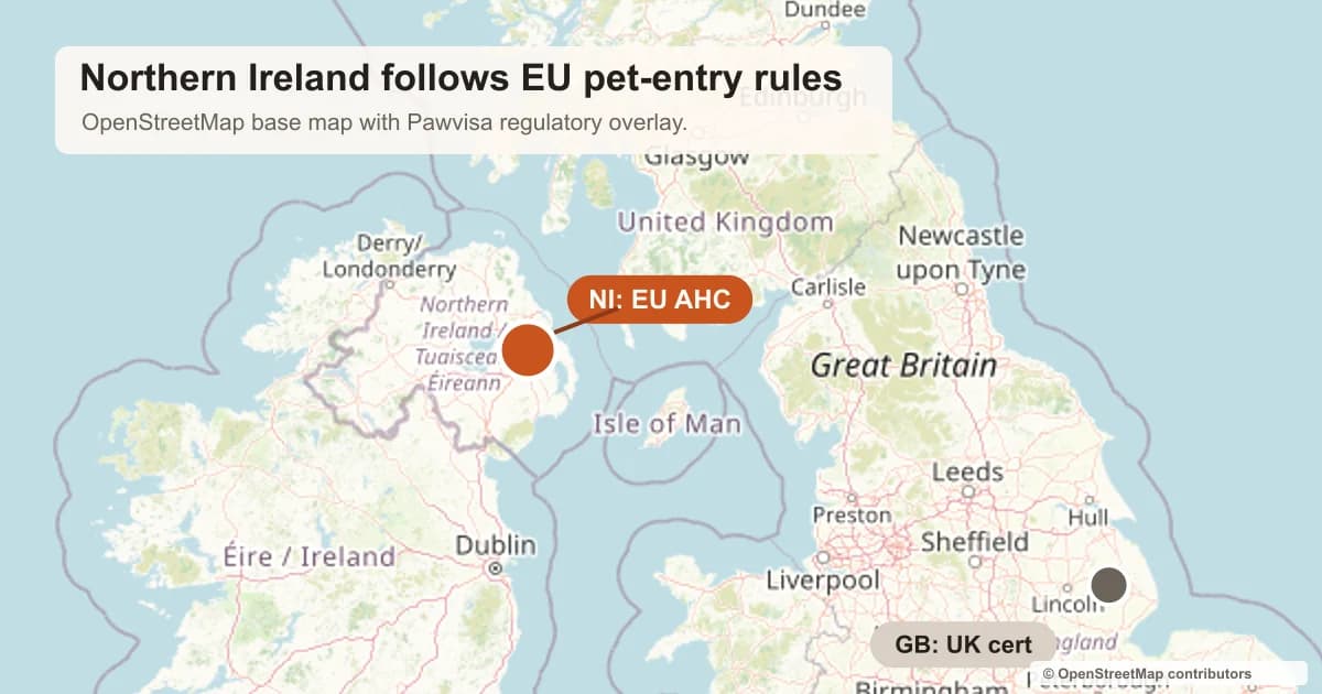Map of the British Isles with Great Britain and Northern Ireland visually distinguished — Great Britain in one tone, Northern Ireland highlighted with the Pawvisa accent colour to show its EU-rules-for-pets status.