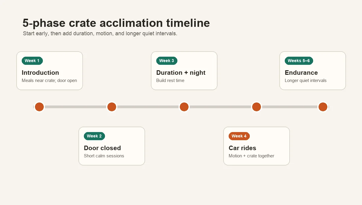 Horizontal weekly timeline showing 5 phases: Week 1 introduction, Week 2 door-closed, Week 3 duration + nighttime, Week 4 car rides, Weeks 5-6 endurance. Each phase a milestone marker in Pawvisa accent.
