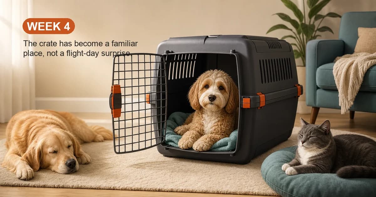 Dog (or cat) settled calmly inside an IATA CR-1 crate, with a 'Week 4' calendar marker overlay and Pawvisa accent on the crate. The pet looks relaxed, not stressed.