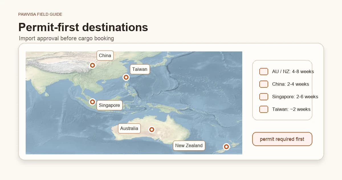 World map highlighting five destinations that require a pet-import permit before booking a cargo flight: Australia, New Zealand, China, Singapore, and Taiwan. A stamp/permit icon overlays each one in Pawvisa accent.