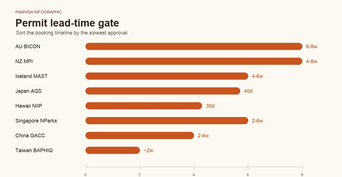 Horizontal bar chart sorted longest-to-shortest showing permit lead times: Australia 6–8 weeks, NZ 4–8 weeks, Iceland 4–6 weeks, Japan 40-day notification, Hawaii NIIP 30 days, Singapore 2–6 weeks, China 2–4 weeks, Taiwan ~2 weeks.