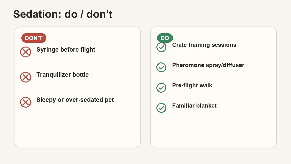 Two-column infographic. Left 'Don't' column: red X over syringe, tranquilliser bottle, sleeping pet — all crossed out. Right 'Do' column: green check over crate-training session, Adaptil spray, pre-flight walk, scented blanket, pheromone diffuser. Pawvisa accent for the 'Do' side.