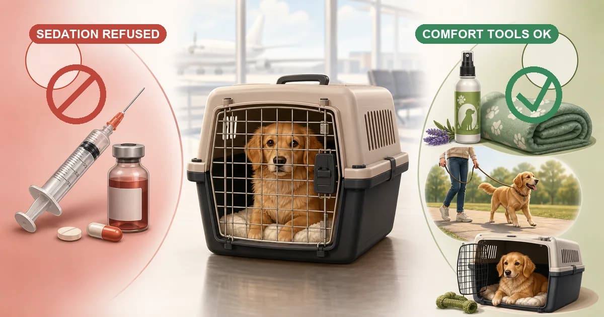 Pet in an IATA CR-1 crate with a no-symbol overlaid on a syringe icon. Beside it, green checkmarks over Adaptil spray, familiar blanket, and crate-training icons. Pawvisa accent on the accepted-alternatives side.