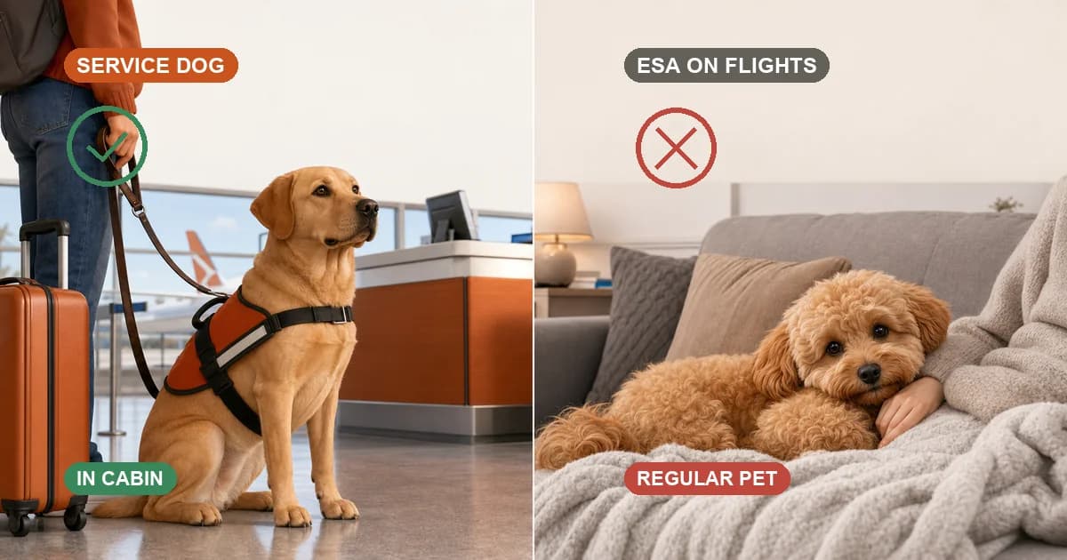 Two side-by-side panels. Left: trained service dog with task vest, green check, in-cabin label. Right: emotional support animal at home with red X, 'regular pet on flights' label. Pawvisa accent on the service-dog side.