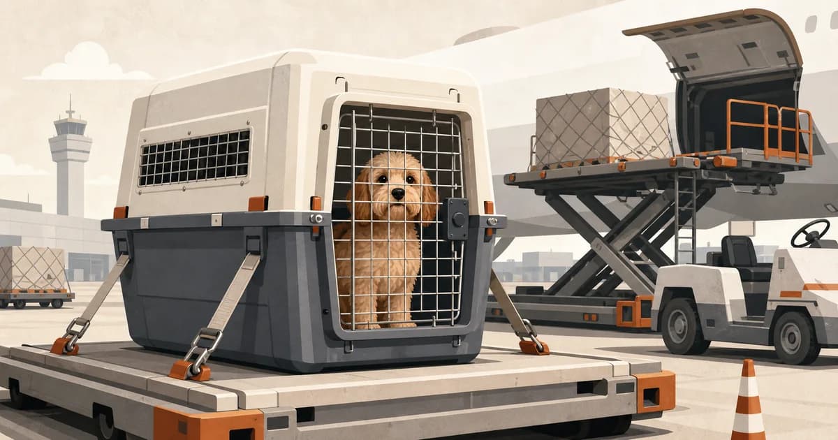 An airline-approved travel kennel sitting on a cargo loading dock, a small dog visible inside, with airport ground equipment in the background.