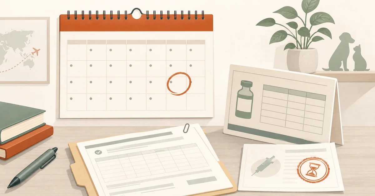A calendar page with a red X over an expiry date and a rabies-vaccine cert clipped to the corner. The wall behind shows a vet's office.