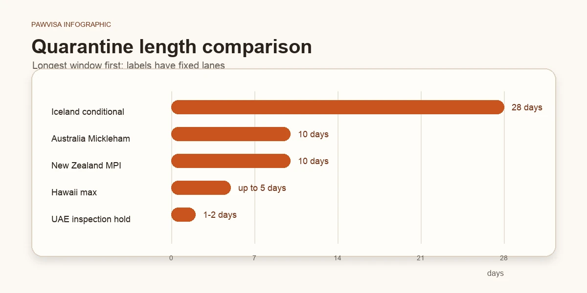 Horizontal bar chart comparing quarantine lengths: Mickleham 10 days, New Zealand 10 days, Iceland 28 days conditional, Hawaii up to 5 days, UAE 1-2 days. Pawvisa accent for the bars; greyscale labels.
