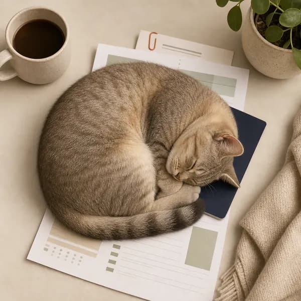 A cat curled up on folded travel papers and a passport