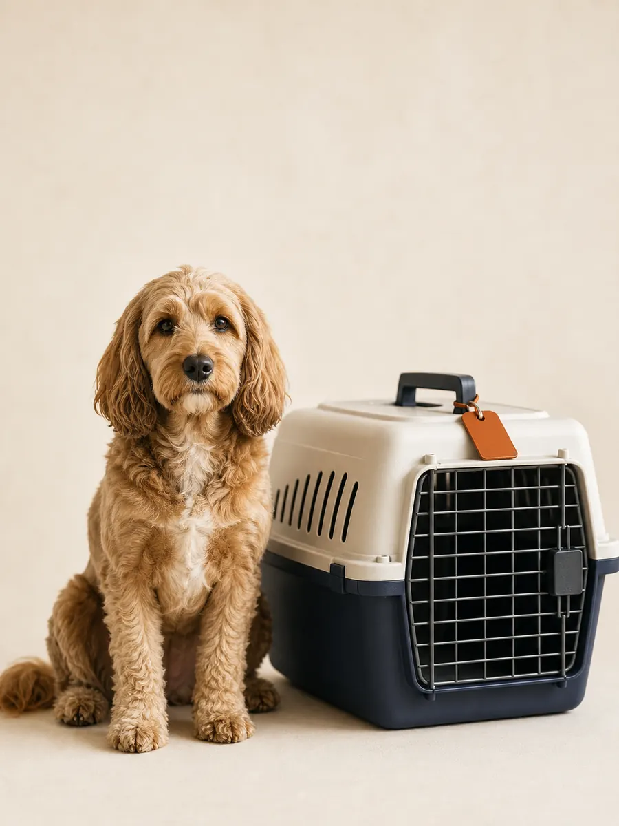 A calm dog seated beside a tagged travel carrier in soft daylight
