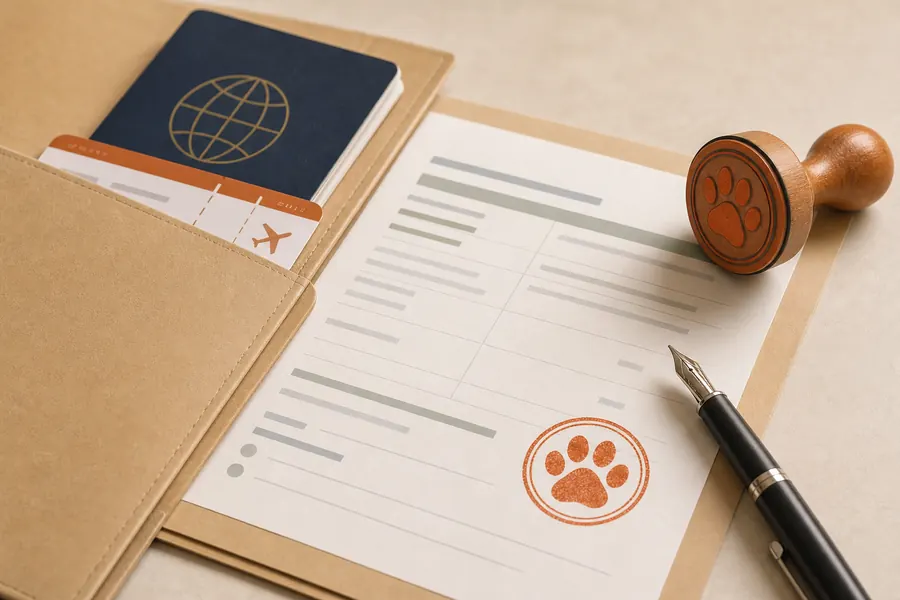 A pet travel document folder with a paw-print ink stamp on a cream desk